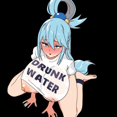 aqua (konosuba), myahogao, 1girls, areolae, big breasts, blue eyes, blue hair, blush, breasts, drunk, female, female only, goddess, huge breasts, light skin