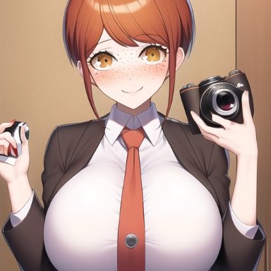 danganronpa, super danganronpa 2, koizumi mahiru, nai diffusion, stable diffusion, blush, clothed, freckles, huge breasts, large breasts, short hair, very short hair, ai generated, tagme