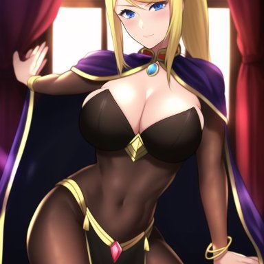 fire emblem, fire emblem: awakening, fire emblem awakening, metroid, nintendo, samus aran, tharja (fire emblem) (cosplay), artist request, nai diffusion, stable diffusion, 1girls, alternate costume, blonde hair, blue eyes, bodystocking