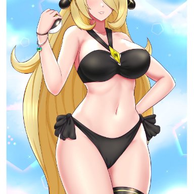 nintendo, pokemon, pokemon dppt, cynthia (pokemon), kaos art, 1girls, bikini, black bikini, black swimsuit, blonde hair, bracelet, breasts, grey eyes, hair ornament, hair over one eye