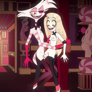 hazbin hotel, angel dust (hazbin hotel), sfan, 1boy, 1girls, anthro, balls, breasts, clothing, condom on penis, demon, female, fur, gay with woman, long hair