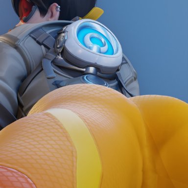 overwatch, overwatch 2, tracer, riversizd, 1girls, ass, ass focus, ass shot, back view, brown hair, chronal accelerator, clothed, clothed female, female, female only