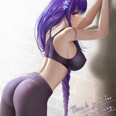 genshin impact, raiden shogun, norino, 1girls, ass, braided hair, breasts, bubble butt, female, hips, huge breasts, large ass, long hair, purple eyes, purple hair