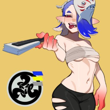 nintendo, splatoon, splatoon 3, deep cut (splatoon), octoling, octoling girl, shiver (splatoon), porqueloin, 1girls, bandages, bandages around chest, blue hair, blush, earrings, fangs