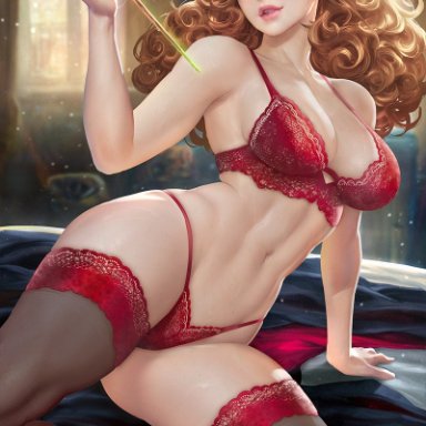 harry potter, hermione granger, neoartcore, nudtawut thongmai, british, ipbig ass, kneeling, lace-trimmed bra, lace-trimmed panties, lace-trimmed thighhighs, large breasts, lingerie, looking at viewer, magic wand, red hair