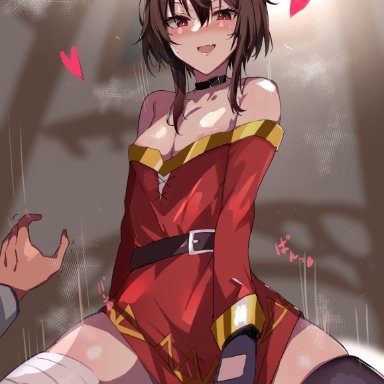 megumin, muoto, 1boy, areola slip, bandaged leg, bandages, bangs, belt, black choker, black gloves, blush, breasts, brown belt, brown hair, choker