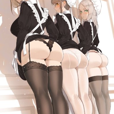 original, original character, throtem, back view, big breasts, high heels, long hair, maid headdress, maid outfit, maid uniform, stockings, thong