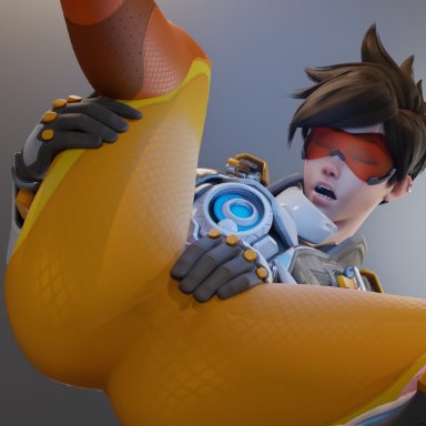 overwatch, overwatch 2, tracer, riversizd, 1girls, arched back, ass, brown hair, chronal accelerator, closed eyes, clothed, clothed female, female, female only, leggings