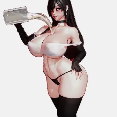 final fantasy, final fantasy vii, tifa lockhart, rushzilla, 1girl, 1girls, abs, big breasts, black hair, choker, fingerless gloves, long hair, looking at viewer, muscular female, pouring on breasts