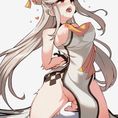 genshin impact, ningguang (genshin impact), arms tied, arms tied behind back, big breasts, blush, breasts, clothed, clothed female, crying, crying with eyes open, hair ornament, long hair, nipples, nipples visible through clothing