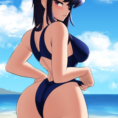 komi-san wa komyushou desu, komi shouko, sol-sama d2, 1girls, asian, asian female, ass, back view, beach, big ass, bikini, breasts, eye contact, female, female only