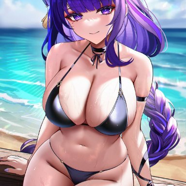 genshin impact, raiden shogun, eternity (shadeh), 1girls, bangs, bikini, black bikini, braid, braided ponytail, breasts, choker, cleavage, closed mouth, collarbone, female