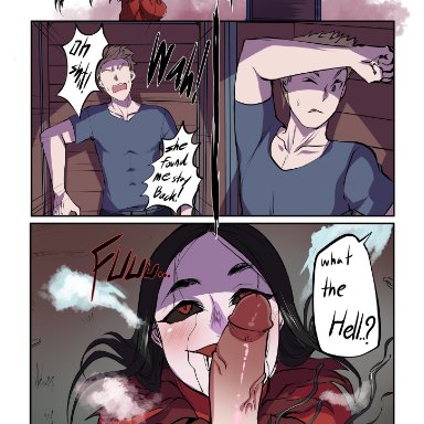 dead by daylight, carmina mora, the artist, lungnut, big penis, black arms, black hair, black sclera, blush, caught, claws, erect penis, erection, ghost girl, hiding