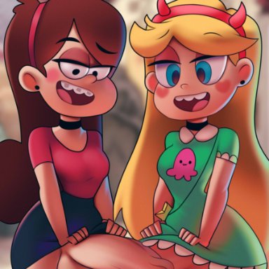 gravity falls, star vs the forces of evil, mabel pines, star butterfly, postblue98, 2futas, balls, big ass, big balls, blonde hair, blue eyes, blush, bottomless, breasts, brown hair