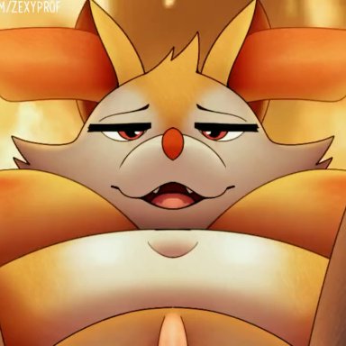 nintendo, pokemon, braixen, generation 6 pokemon, ahe gao, ahegao, black fur, blink, blinking, bodily fluids, brown eyes, ear fluff, ear fur, fang, fangs