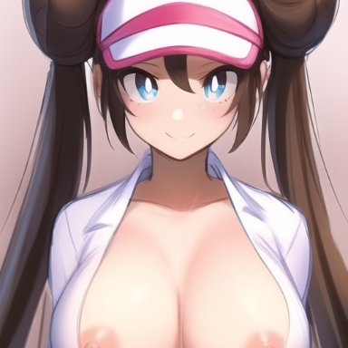 pokemon, pokemon bw2, rosa (pokemon), nai diffusion, stable diffusion, 1girls, breasts, cleavage, female, female only, large breasts, looking at viewer, nipple slip, shirt, smile