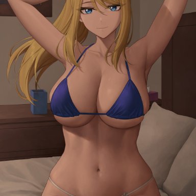 metroid, nintendo, samus aran, zaphn, bikini, blonde, blonde hair, blue bikini top, blue eyes, hands behind head, large breasts, looking at viewer, panties, ponytail, white bikini bottom