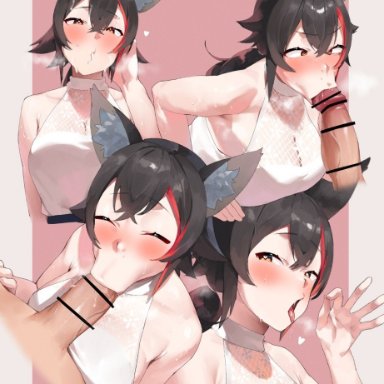 hololive, ookami mio, frikulu, 1boy, 1girls, animal ear fluff, animal ears, black hair, blowjob, blowjob face, blowjob gesture, cat ears, cat girl, censored penis, clothed