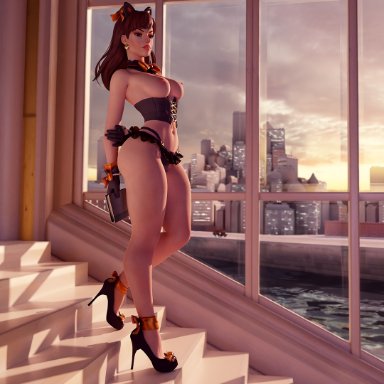 blizzard entertainment, overwatch, d.va, abs, ass, big ass, brown eyes, brown hair, cat ears, clothing, female, fleurie3d, heels, high heels, looking at viewer