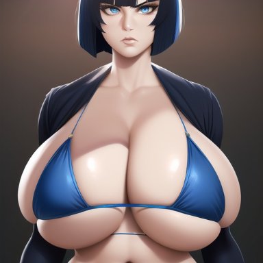 original, hiromi yamagata (pron982), original character, nai diffusion, pron982, stable diffusion, big breasts, bikini, black hair, blue eyes, bob cut, dark blue hair, huge breasts, jacket, large breasts