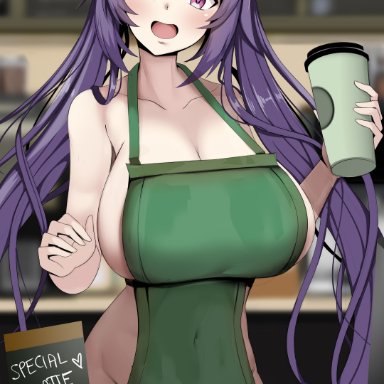 genshin impact, starbucks, keqing (genshin impact), astraea (atelierastraea), 1boy, 1girls, abs, apron, armpits, arms up, barely clothed, barista, blush, clothed female nude male, embarassed