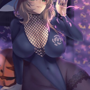 genshin impact, halloween, lisa (genshin impact), tinnies, 1girls, breasts, brown hair, female, green eyes, hat, hips, huge breasts, large hat, light-skinned female, light skin