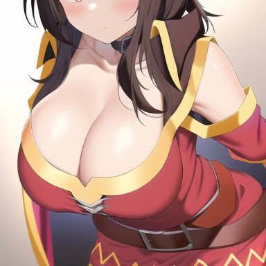 megumin, nai diffusion, stable diffusion, 1girls, big breasts, blush, breasts, brown hair, female, female focus, female only, hat, huge breasts, light skin, red eyes