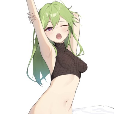 genshin impact, kuki shinobu, armpits, bangs, bottomless, breasts, cleft of venus, crop top, cropped legs, female, green hair, hair between eyes, looking at viewer, midriff, navel