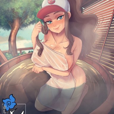 creatures (company), game freak, nintendo, pokemon, pokemon (game), pokemon bw, hilda (pokemon), blindneko99, baseball cap, blue eyes, brown hair, curly hair, hat, high ponytail, kneeling