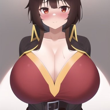 megumin, nai diffusion, stable diffusion, 1girls, big breasts, blush, breasts, brown hair, eye contact, female, female only, huge breasts, light skin, looking back, red eyes