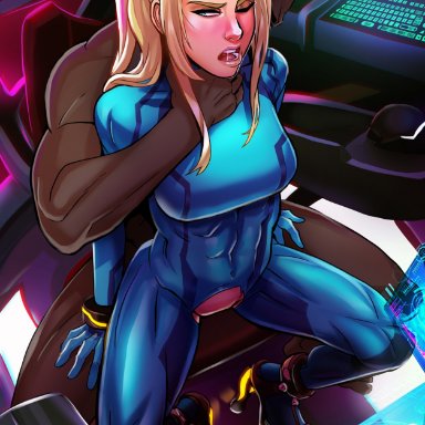 metroid, nintendo, samus aran, zero suit samus, andava, anal, athletic female, big breasts, bimbo, blonde hair, blush, chair sex, choking, dark-skinned male, dark skin