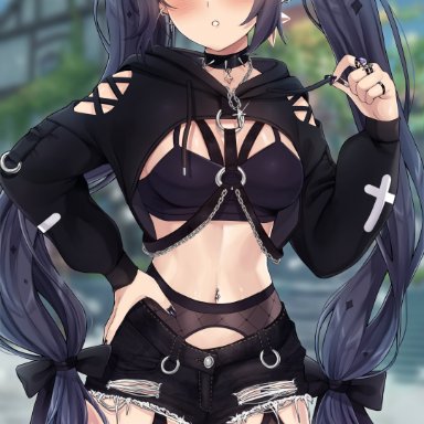 genshin impact, mona (genshin impact), vitaminechan, 1girls, black hair, booty shorts, breasts, choker, clothed, clothed female, crop top, ear piercing, female, fishnets, goth