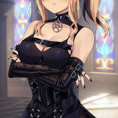 genshin impact, jean gunnhildr, vitaminechan, 1girls, arms folded, blonde hair, blue eyes, blush, breasts, clothed, clothed female, detached sleeves, dress, female, goth