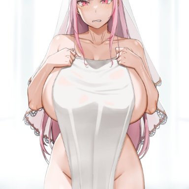 hololive, hololive english, mori calliope, handplug, 1girls, big breasts, blush, embarrassed, female only, huge breasts, pink hair, towel, towel covering breasts, towel covering crotch, virtual youtuber