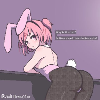 doki doki literature club, saltdrawyou, blush, bunny ears, bunny girl, bunny tail, bunnysuit, dialogue box, looking at viewer, open mouth, pink bunny ears, pink bunnysuit, pink eyes, pink hair, dialogue