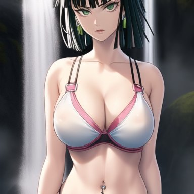 one-punch man, fubuki (one-punch man), nai diffusion, stable diffusion, 1girls, bangs, bare shoulders, belly, belly button, big breasts, bikini, bob cut, bra, breasts, busty