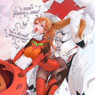 neon genesis evangelion, asuka langley sohryu, mass production eva, bigpeachs, puririn (puririiin), big breasts, big penis, dominant male, horsecock, monster, plugsuit, red hair, saliva, secretly loves it, stomach bulge