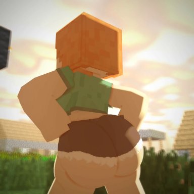 minecraft, alex (minecraft), cuteskyler, big ass, green clothing, hands on hips, orange hair, public, pulling pants up, square head, thick ass, wind, 3d, animated, sound