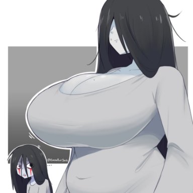 ju-on, the grudge, the ring, saeki kayako, yamamura sadako, emmarrgus, 2girls, black hair, blood, breast envy, faceless character, faceless female, flat chest, flat chested, huge breasts