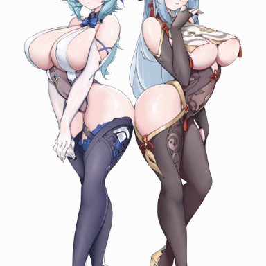 genshin impact, eula (genshin impact), shenhe (genshin impact), lamsass, 2girls, ass, blue hair, bodystocking, breasts, cleavage, female, hair ornament, hair over one eye, heels, hips