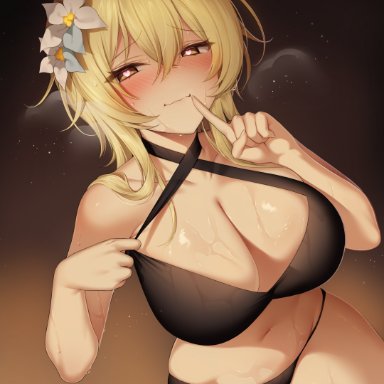 genshin impact, lumine (genshin impact), ia (ias1010), 1girls, bangs, bare shoulders, black bikini, blonde hair, blush, breasts, closed mouth, collarbone, female, female only, hair between eyes