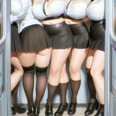 stable diffusion, 5girls, big breasts, breast squish, curvy, female only, group, huge breasts, hugging, large breasts, multiple girls, pantyhose, school uniform, schoolgirl, see through