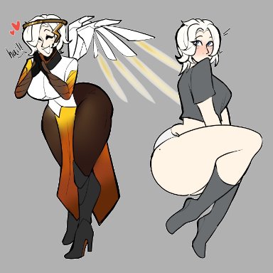 overwatch, mercy, bluueygooey, 1girls, ass, blue eyes, breasts, closed eyes, curvy, female, female only, huge ass, large breasts, pelvic curtain, short hair