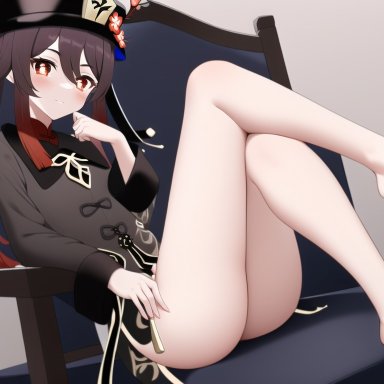 genshin impact, hu tao (genshin impact), nai diffusion, stable diffusion, 1girls, bare legs, bare thighs, barefoot, chair, crossed legs, feet, female, hat, legs, sitting