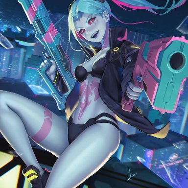 cd projekt red, cyberpunk: edgerunners, cyberpunk 2077, netflix, studio trigger, rebecca (edgerunners), nibelart, 1girls, black bra, black panties, bra, city, clothing, cybernetics, female