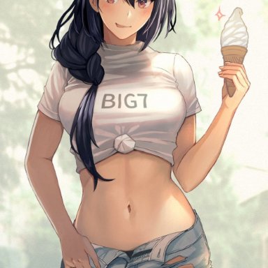 kantai collection, nagato (kantai collection), kasumi (skchkko), 1girls, black hair, black panties, blurry background, breasts, brown eyes, casual, casual clothes, cowboy shot, female, female focus, female only