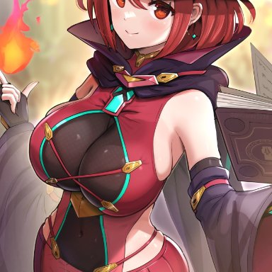 halloween, nintendo, xenoblade (series), xenoblade chronicles 2, pyra, gonzarez, 1girls, bangs, belly button, breasts, core crystal, earrings, female, female focus, female only