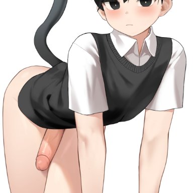 omori, sunny (omori), g1 (artist), 1boy, all fours, ass, big penis, black hair, blush, bottomless, cat ears, cat tail, emotionless, eye contact, femboy