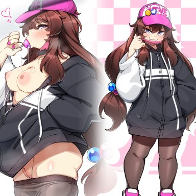 original, daughter (konoshige), konoshige (ryuun), ryuun (stiil), ass, bare shoulders, baseball cap, black hoodie, blush, breasts, brown hair, brown leggings, candy, checkered background, closed mouth