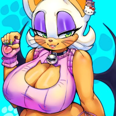 sonic (series), sonic the hedgehog (series), rouge the bat, mrscurlystyles, 1girls, anthro, bat girl, big breasts, catgirl, chubby, cleavage, cleavage cutout, female, female only, furry